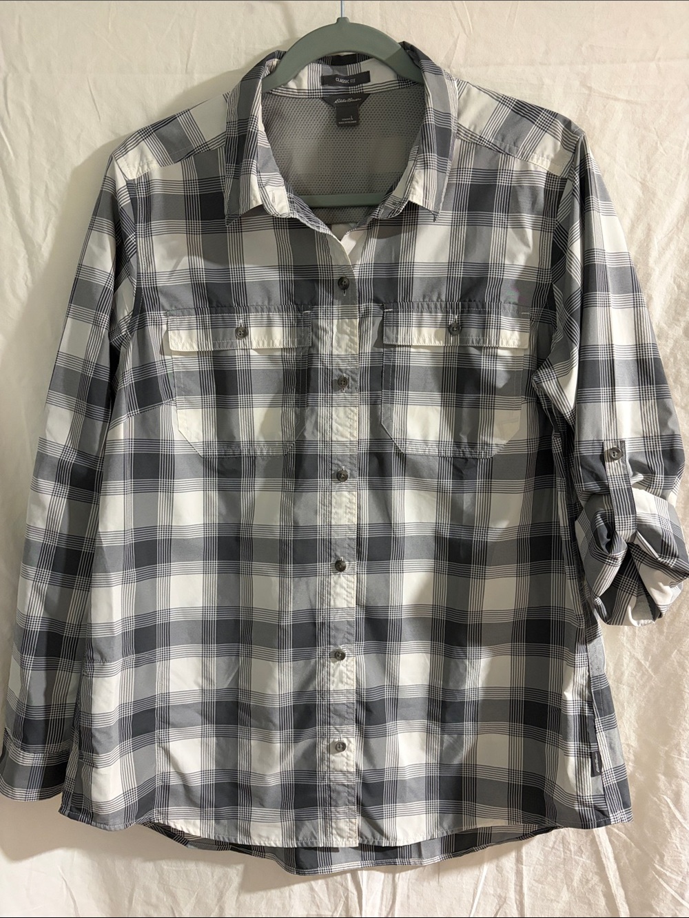 Women’s Eddie Bauer Grey Plaid UPF 50 Button-Up Shirt